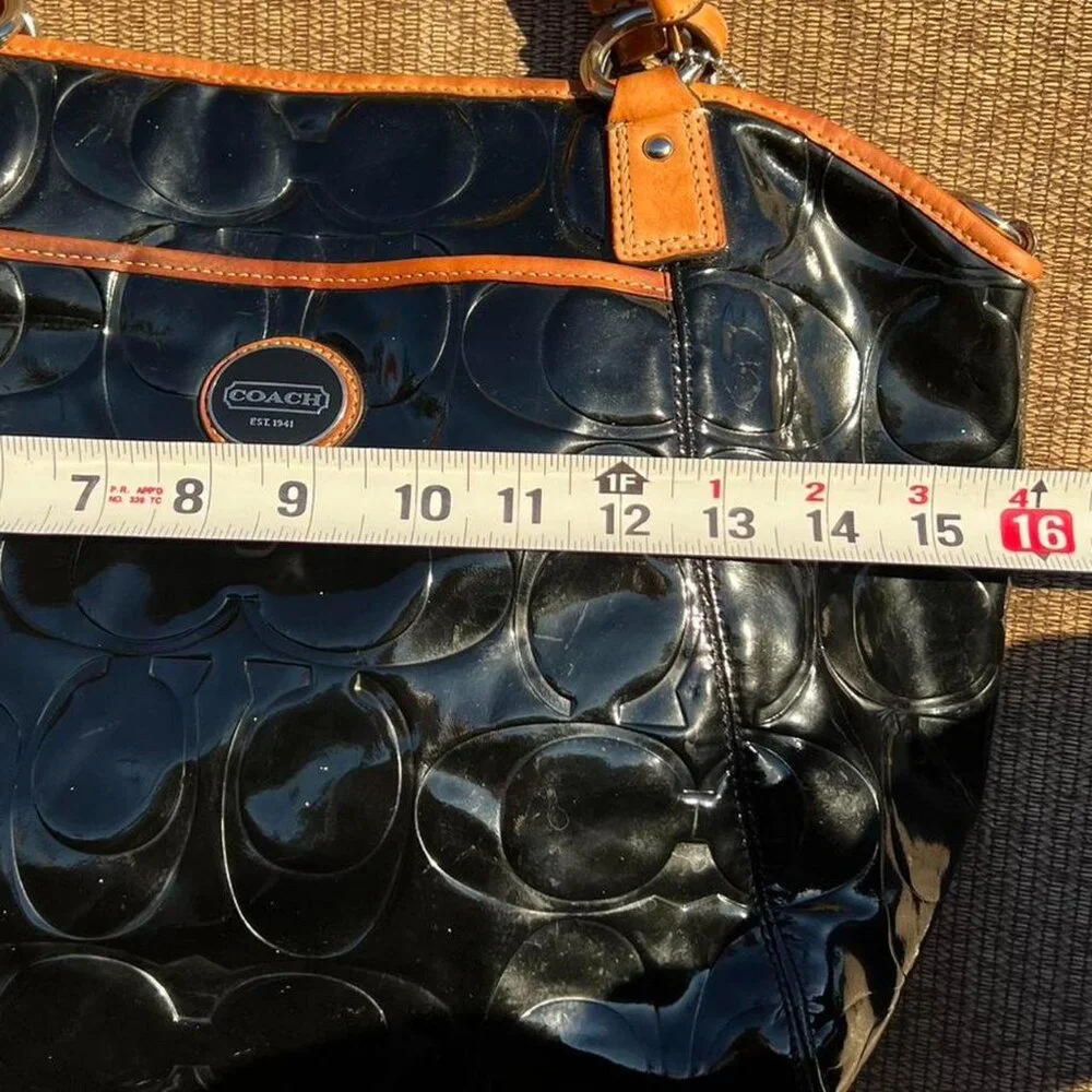 Coach black and tan leather Peyton Embossed Patent Leather Shoulder Tote Bag